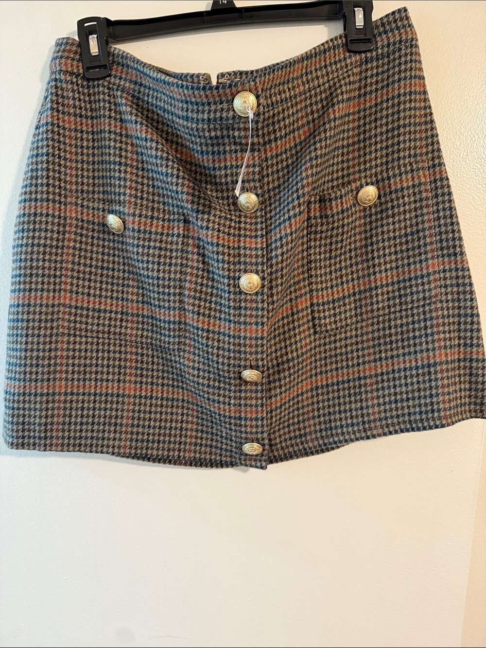 L'AGENCE Houndstooth Button-Front Mini Skirt in Brown, Blue and Rust